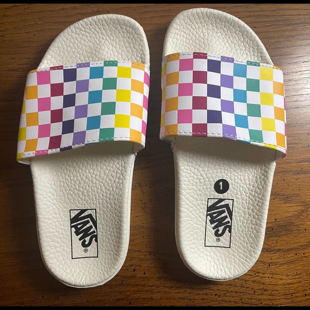 Kids Rainbow Checkerboard Vans Slides sz 1